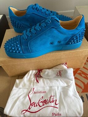 Christian Louboutin Men’s Bright Blue Suede Spike-Trim Low Top Sneakers